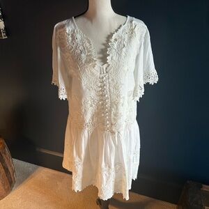 Anthropologie lace trimmed mini dress. White cotton. Lined